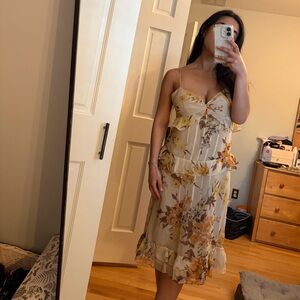Vera Wang Cream Slip Dress with Mustard Floral Print